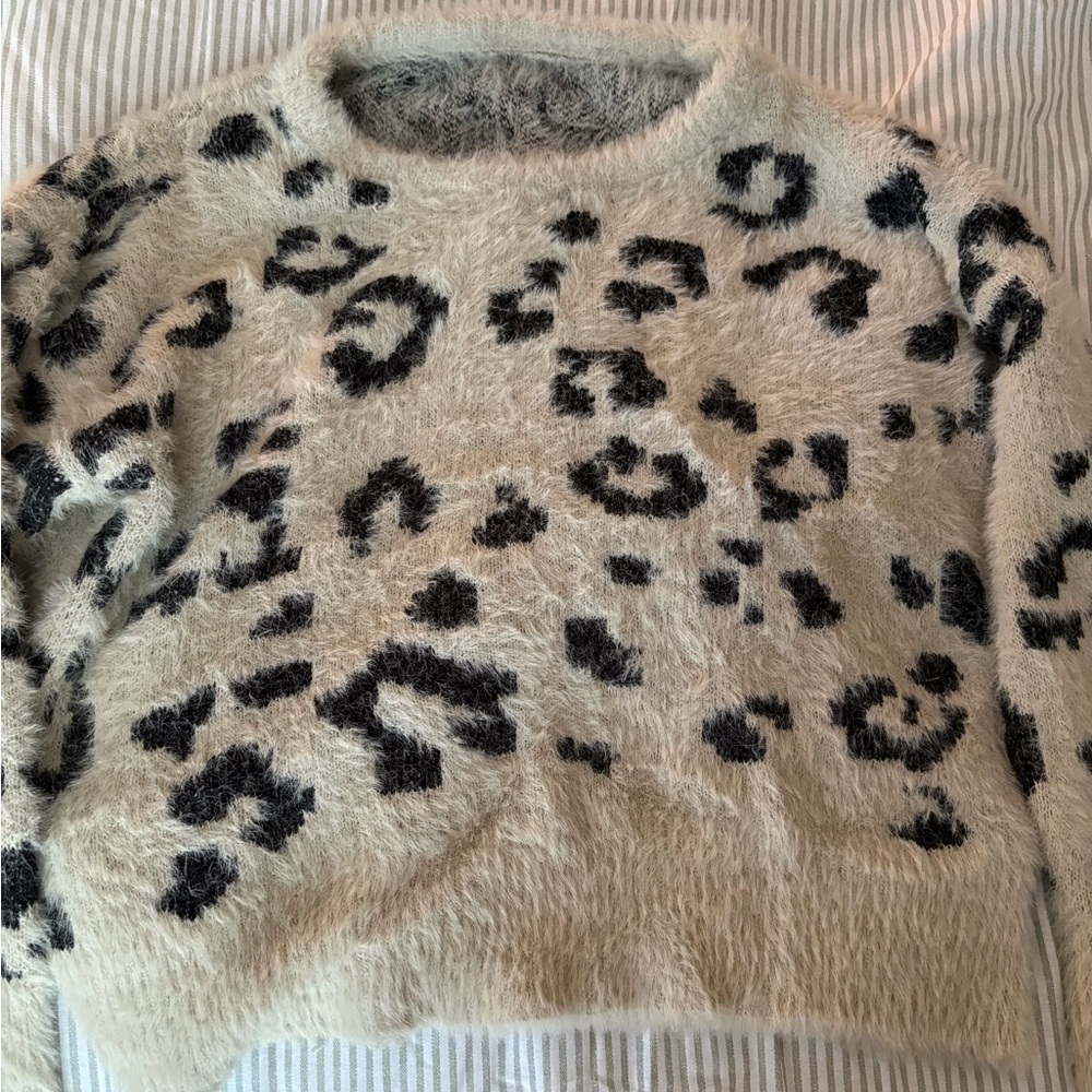 Leopard Print Fuzzy Sweater - Cream and Black